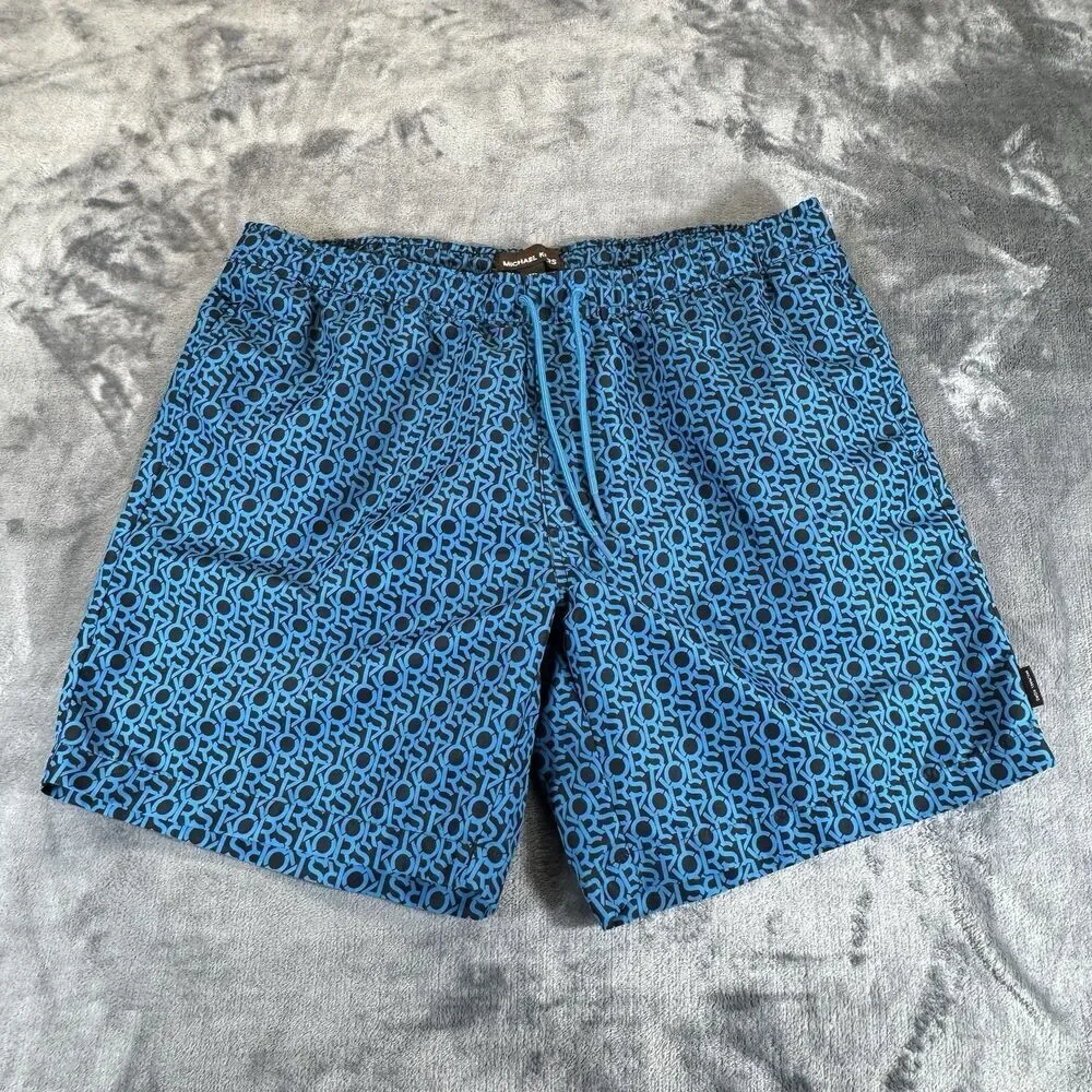 Michael Kors Sz XXL Mens Swim Shorts Allover AOP Logo Spelling BLUE Black